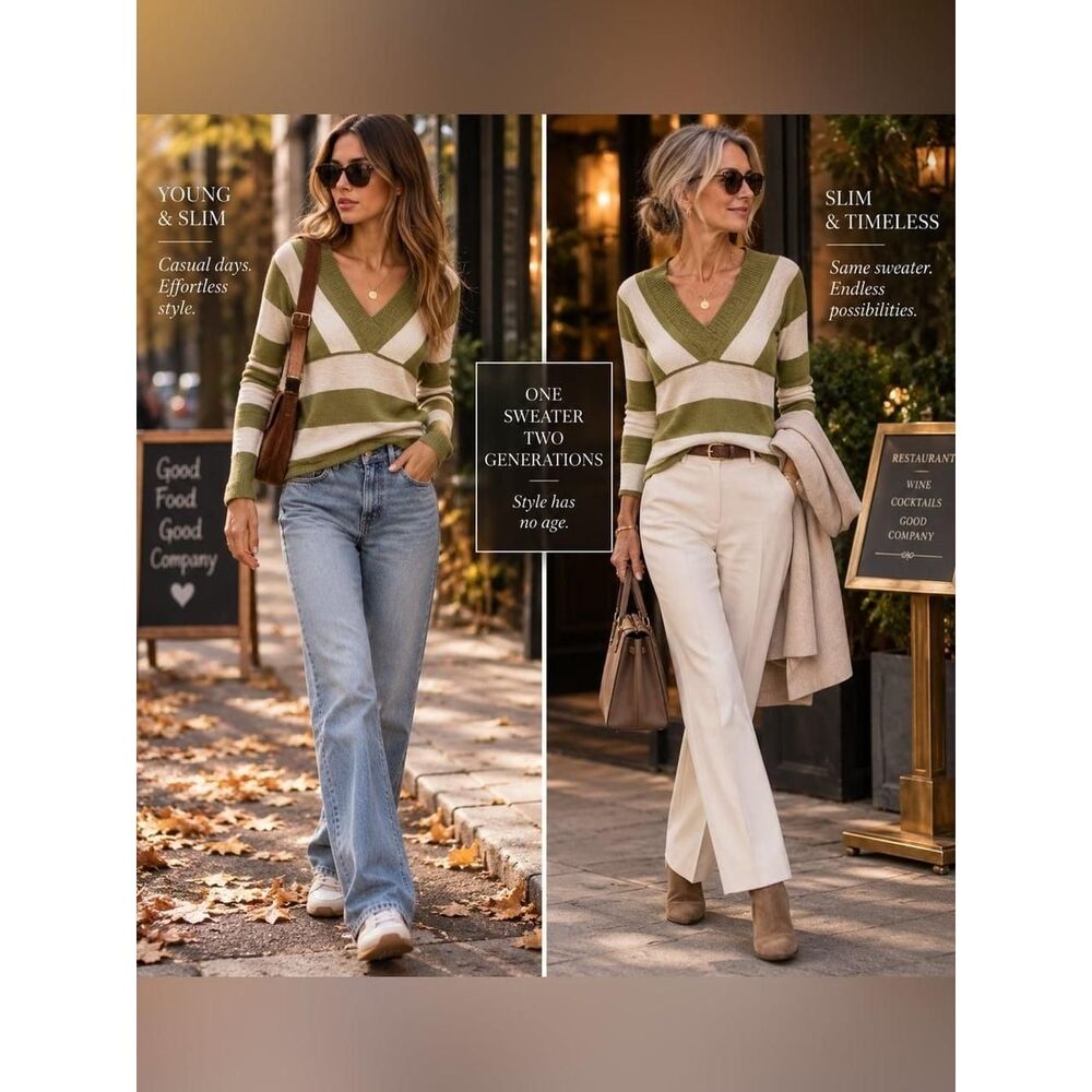 Women's Sweater size XS Vintage Olive Green and Cream V-Neck Stripe